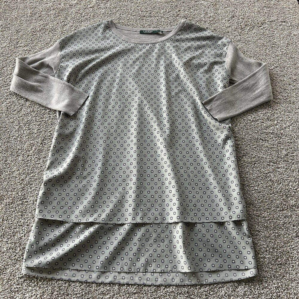 Lauren Ralph Lauren Blouse Womens 1X Gray Geometric 3/4 Sleeve Tunic Knit Top
